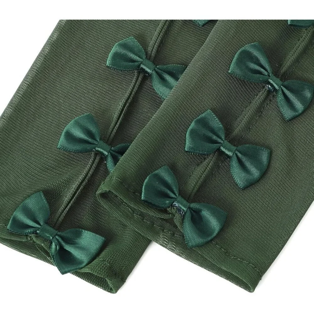 Women's Princess Green Long Sleeves Gloves Bow Lace Mesh Tulle Party Prom